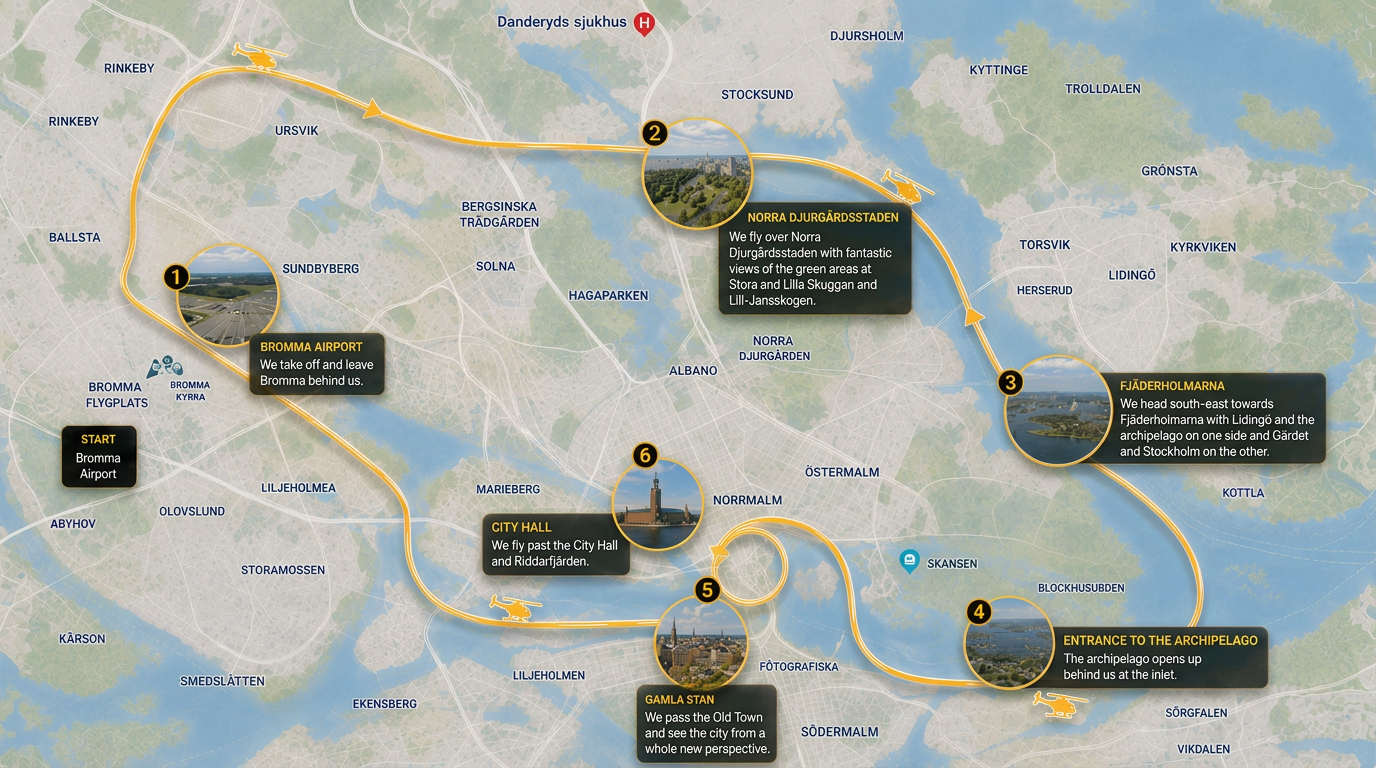 Map of the helicopter tour route over Stockholm – Bromma Airport, Norra Djurgården, Lidingö and Värtahamnen, Nacka and the archipelago, Gamla stan and Stadshuset