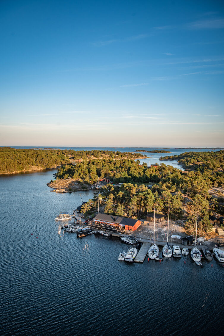 Guest harbour with jetty and sailing boats in the Stockholm archipelago