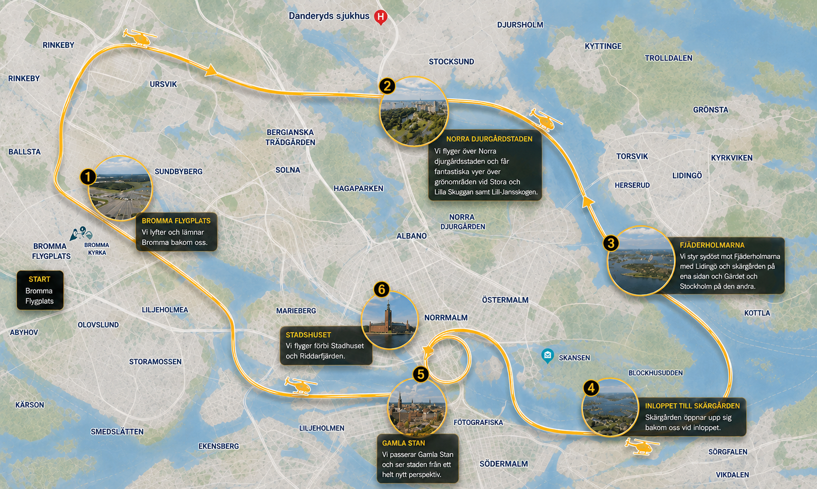 Karta över helikopterturens flygrutt över Stockholm – Bromma flygplats, Norra Djurgården, Lidingö och Värtahamnen, Nacka och skärgården, Gamla stan och Stadshuset